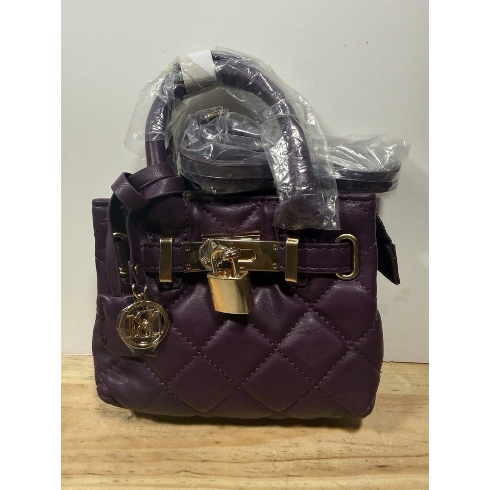 Badgley Mischka Mini Quilted Satchel Top Handle Plum Turn Lock Strap Gold NWT
